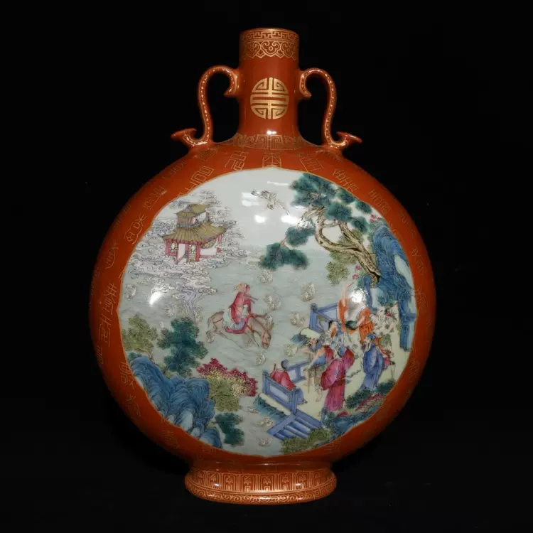 古玩古董瓷器陶瓷大清乾隆年制矾红描金开窗粉彩群仙祝寿抱月瓶