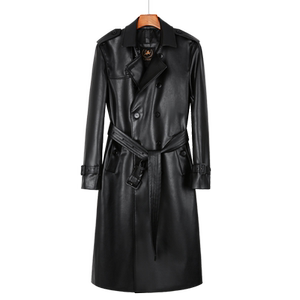 Trenched leather trench coat men's ultra -long over -knee double -breasted British fashion men's leather coat thickened wool inner biliary jacket