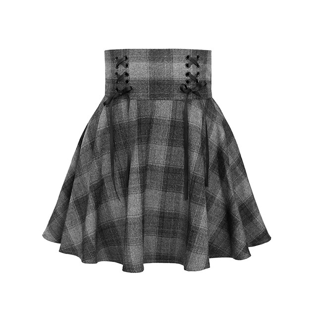Spicy girl American Bella girl dark gray lattice high waist tie big bands large skirt small short skirt A -line skirt