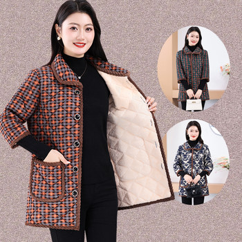 Large size loose plaid plus velvet mid-sleeved cotton-padded vest
