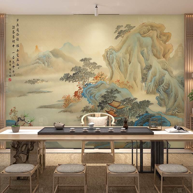新中式山水国画电视沙发背景墙布壁纸饭店墙面大气办公室定制壁画-淘宝网