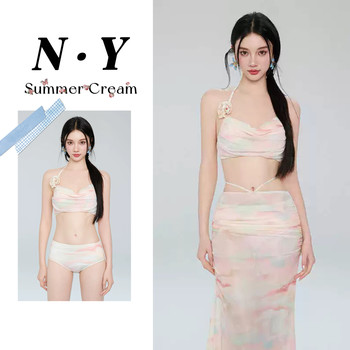 Split swimsuit women's 2025 new tie-dye white long skirt style three-piece set bikini soaking hot spring small breasts gathered