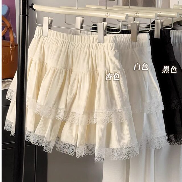 Large size sweet lace spliced ​​puffy skirt for women's summer cake A-line slim and anti-exposure ballet style skirt