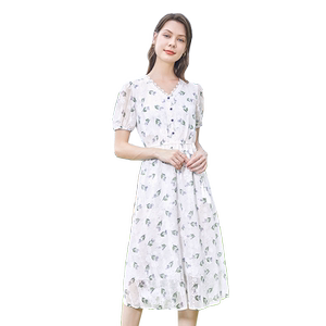 
betu Baitu Women's Clothing 2024 Summer New High Waist Slim V-neck Floral Commuter Short Sleeve Dress