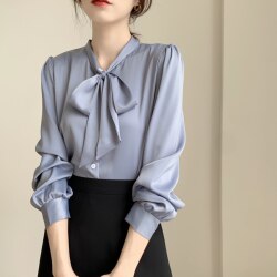 Blue Bow Tie Shirt for Women, Unique Design, Professional Style, Chiffon Blouse with Tie, Long Sleeves for Spring and Autumn