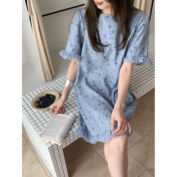 European puff sleeve blue polka dot dress for women