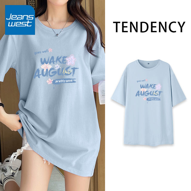 KV Zhenweis blue short-sleeved T-shirt for women 2025 new summer heavy butt cover loose mid-length T-shirt trendy