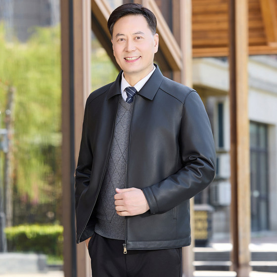 
Haining Dad's Genuine Leather Jacket Men's Mulberry Silk Liner Lapel Sheepskin Jacket 2025 Autumn and Winter New Style