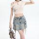 2024 European and American street style workwear pocket long tether slim short skirt versatile denim short skirt trendy (including lining)