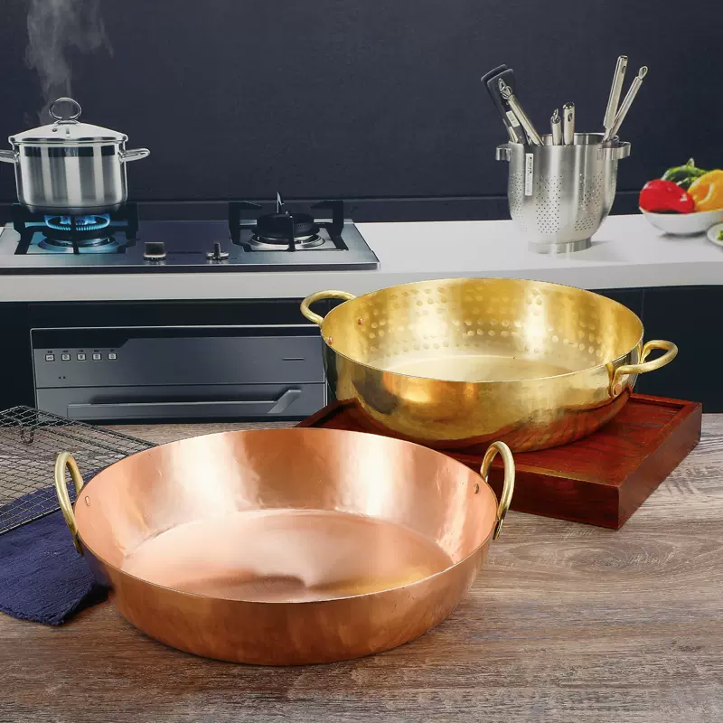 日本純銅天婦羅油炸鍋適用燃氣竈雙耳銅鍋馬徠坊黃銅料理專用湯鍋