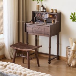 Muzi Solid Wood Dressing Table Black Walnut Small Apartment Retro Bedroom Desk Small Bedside Vanity Table with Drawers
