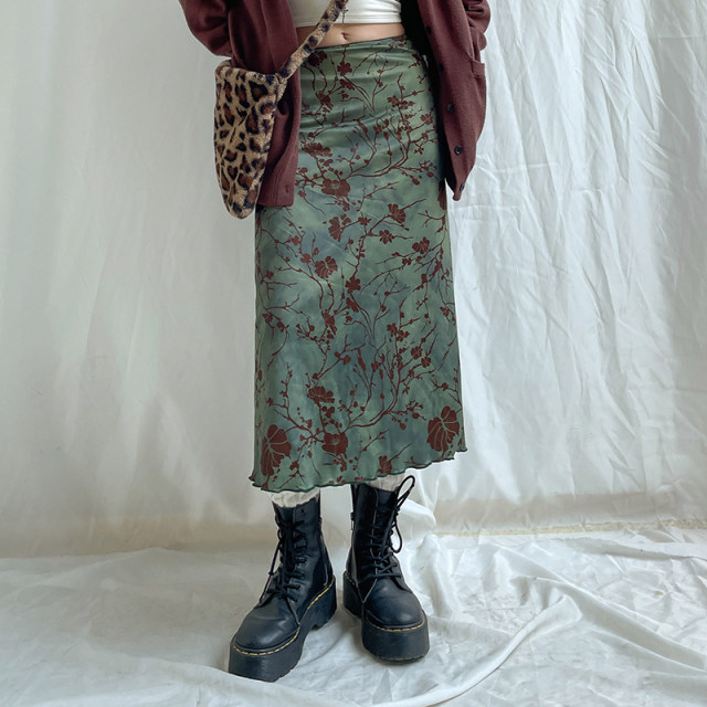 DARINGAGA new Chinese dark pattern print retro skirt for women with high waist smudged black ears versatile midi skirt