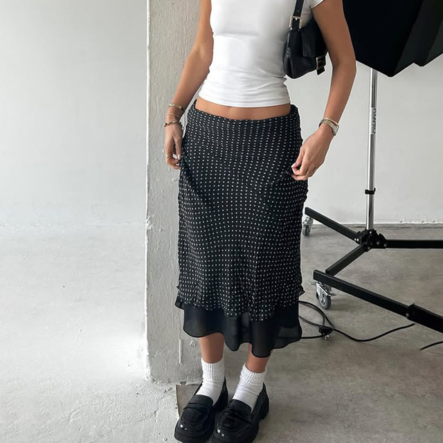 DARLINGAGA French retro fashion polka dot mesh skirt women's casual simple and versatile hip-covered midi skirt