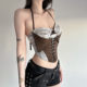 DARLINGAGA French retro lace stitching brown halter neck strap women's strap slim waist short vest