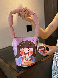 Hand-held Candy-colored Bucket Bag Graffiti Illustration Funny Cartoon Small Bag Dopamine Casual Cotton-filled Handbag