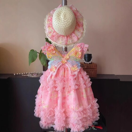 
1-14 years old Muzi gives a hat girl's dress summer children's princess dress baby fairy dress wings beach dress