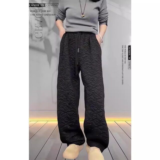 2383# regular 53 casual pants for women in autumn and winter new large size lazy style slim and iron diamond wide-leg cotton pants
