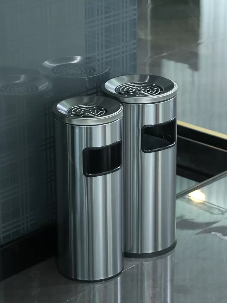 不锈钢酒店大堂垃圾桶带烟灰缸银行圆形灭烟吸烟区电梯口立式商用