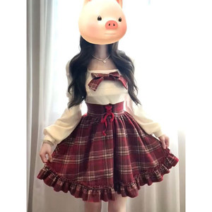 
Korean retro fake two-piece bow plaid dress for winter, New Year and Christmas, unique and beautiful red a-line skirt