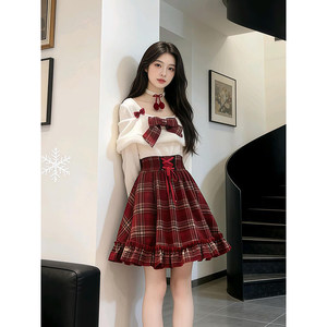 
Fashionable college style Christmas red plaid bow high waist dress 2025 winter new fake two-piece short skirt for women