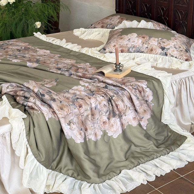 French summer retro sky summer cool quilt four-piece set washable silky thin quilt air conditioning quilt bed skirt bedding