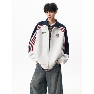 
American striped contrasting color stand collar cardigan sweater men's trendy brand college style loose casual versatile sports jacket jacket