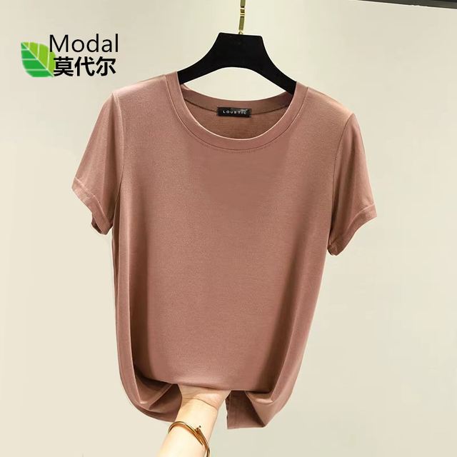 Modal solid color short-sleeved T-shirt for women summer thin round ...