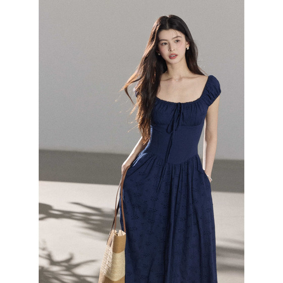 
Eryang Design [Hibiscus Flower Language] 100 Cotton Retro Style Square Neck Hollow Embroidered Dress Women's Summer A-Line Long Skirt
