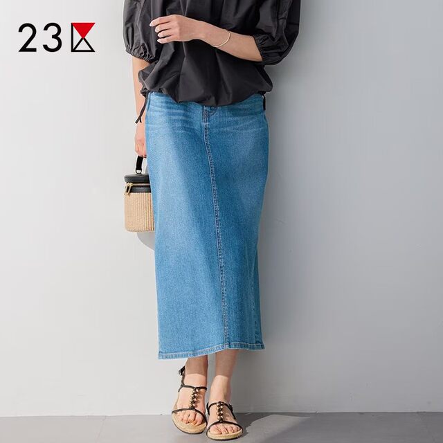 District 23 Japanese autumn clothing commuting cotton blend washed and distressed straight skirt mid-length denim skirt same style as the mall