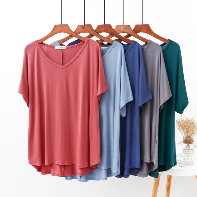 Summer Thin Modal Short Sleeve Large Size T-shirt Women's V-neck Casual Loose Pajamas Pregnant Women Home Solid Color Bottoming Shirt