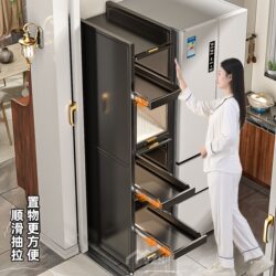 Pull-Out Kitchen Storage Rack with Doors, Gap Cabinet, Refrigerator Side Floor-Standing Microwave Oven Multifunctional Elevated Storage Cabinet