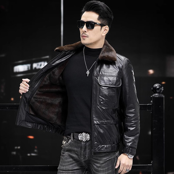Haining's new leather leather coat male leather leather jacket cowhide leather jacket lapels plus velvet thick jacket
