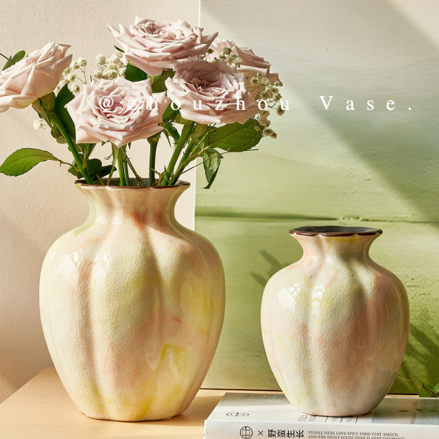French medieval ice cracked ceramic vase pink gradient oil painting style home decoration ornaments living room flower vase