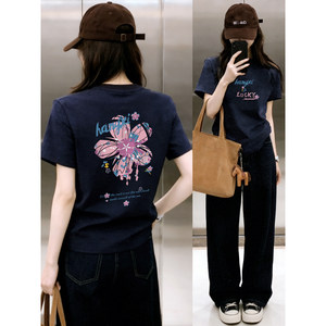 
Fat MM right shoulder short-sleeved T-shirt for women 2026 summer new flower print flesh-covering round neck slimming plus size women's trendy clothing