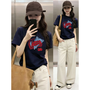 
Right shoulder round neck short sleeve T-shirt women's navy blue 2026 new printing slimming basic round neck large size top