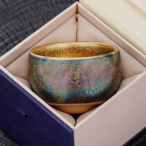 □極上珍品！宋時代 建窯 曜変油滴七彩光建盞 束口