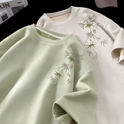 Mint Green Bamboo Print T-Shirt for Men, Summer 300g Heavy Suede, New Chinese Style, Small Neckline, Short Sleeves