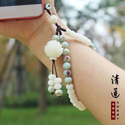 White Jade Bodhi Root Phone Chain Pendant for Women, Short Wrist Strap, Anti-Loss, Durable, Sturdy, Chinese Ancient Style Neck Strap
