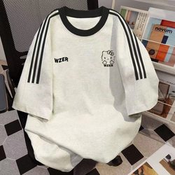 American Retro Short-Sleeve T-Shirt for Women, Summer Design, Niche Loose Fit, Three-Stripe Top, Chinese Style, Unisex Couple Wear