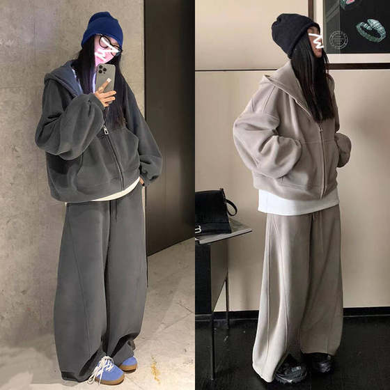 
Retro lazy style loose sports suit for women autumn Korean oversize American sweatshirt casual two-piece trendy set
