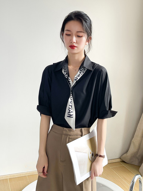 Black half-sleeved shirt for women, fashionable and high-end professional OL commuting versatile thin mid-sleeved slim shirt for summer