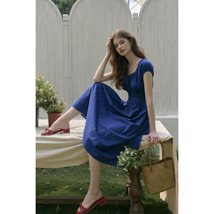 
SimpleRetro adjustable neckline puff sleeve dress French waist-hugging skirt blue temperament slim long skirt