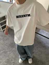 100% Heavyweight Pure Cotton Simple Letter Print Short-Sleeve T-Shirt for Men, Summer White Trendy Brand, Cool and Loose Fit with Small Neckline Top