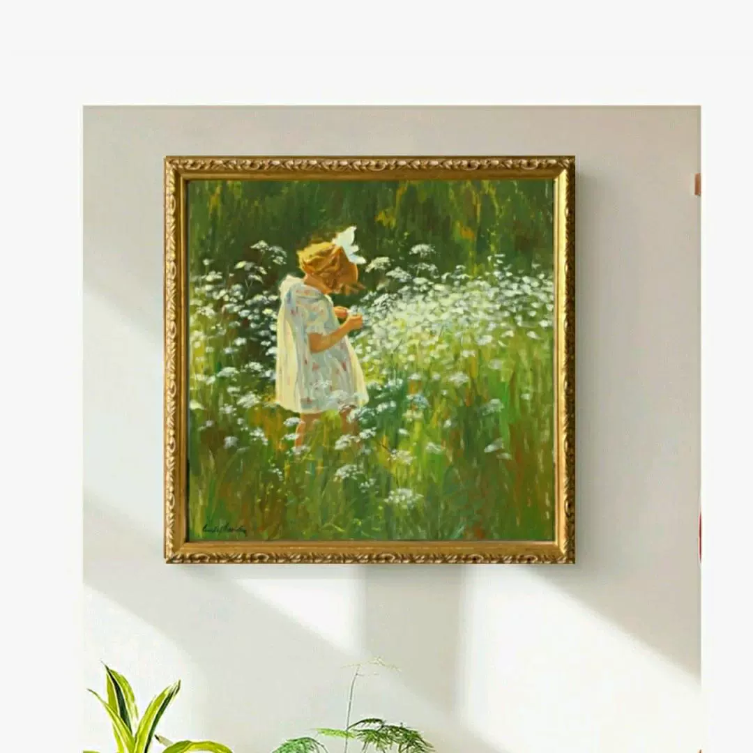 拈花的小女孩欧式复古卧室客厅装饰画法式轻奢挂