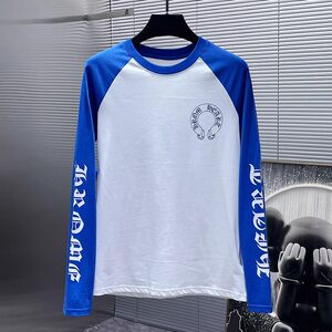 
Autumn versatile blue and white color-blocked long-sleeved T-shirts for men and women handsome round neck solid color bottoming shirt ins trendy pure cotton top
