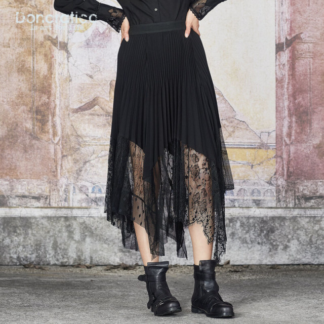 Dayiyan irregular solid color mesh lace spliced ​​pleated skirt temperament lace umbrella skirt French high-end women's soft gluten