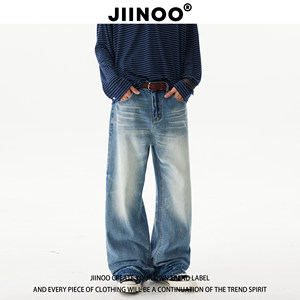 
JIINOO American Cow King A-line cleanfit light blue washed whiskers honeycomb men's and women's loose jeans