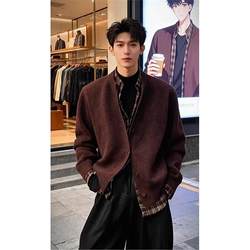 Old Money Style Fake Two-Piece Plaid Patchwork Knit Sweater for Men, Autumn and Winter, High-End, Lazy Casual Cardigan Sweater Jacket