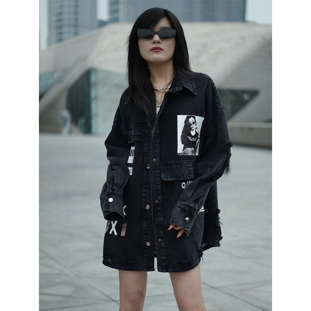 2025 summer new denim jacket long sleeve heavy-duty patch printing grinding and washing old versatile casual women's clothing