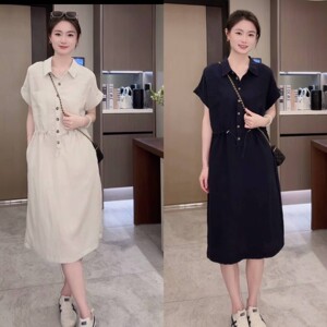 
Summer thin lyocell linen shirt short-sleeved dress for women 2026 fashionable workwear waist slimming mid-length skirt